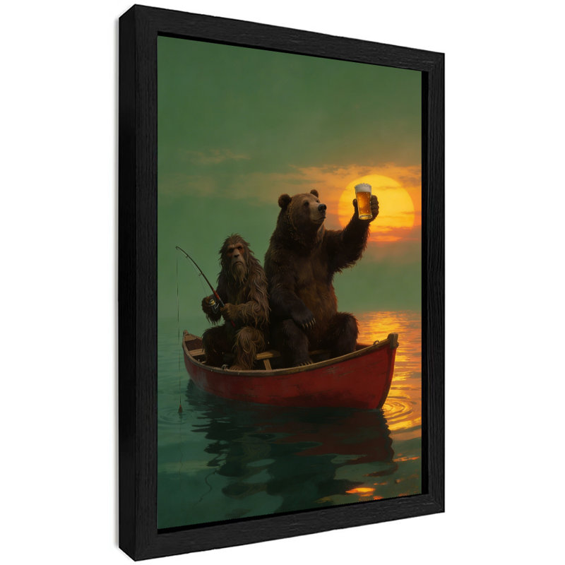 Art encadré noir Bigfoot et grizzly pêchant dans un canot rouge, H 17 po x l 13 po