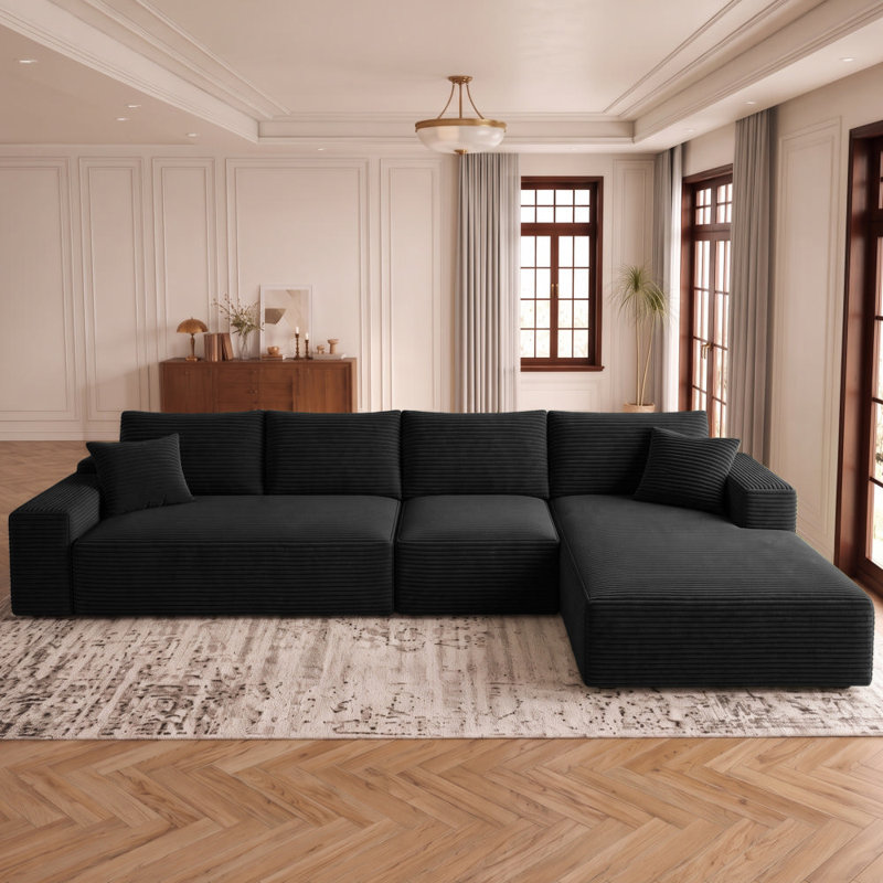 Canapé modulaire 135,4 po pour salon modulaire en L en velours côtelé rembourré à compression, Velours côtelé noir