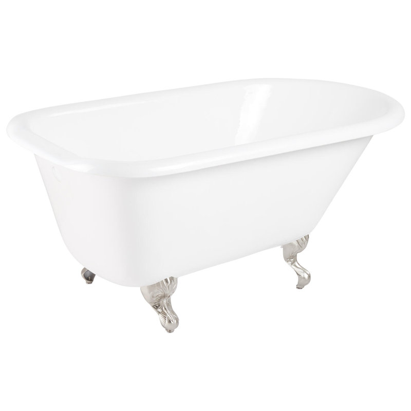 54" Miya Cast Iron Clawfoot Soaking Tub, Brushed Nickel, White