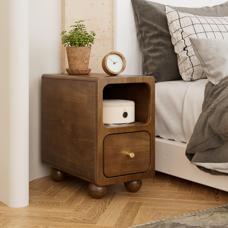  Solid Wood Nightstand, Narrow Night Stand With Drawers, Mid Century Modern Nightstand, Small Beside Table With Open Storage Shelf For Bedroom(10 inch)