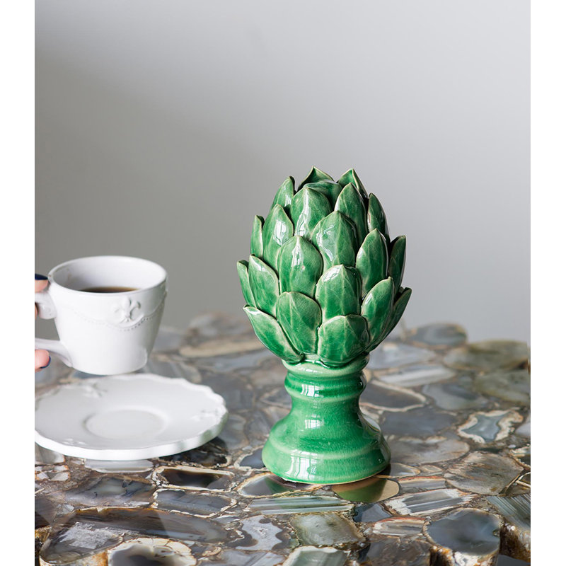 Sculpture artichaut en céramique verte 7,5 po, statue piédestal décorative pour manteau de cheminée, table, buffet ou centre de table