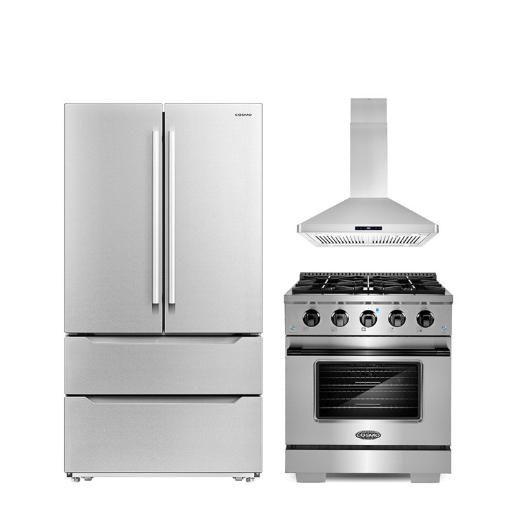 Cosmo 3 Piece Kitchen Appliance Package with French Door Refrigerator , 30'' Gas Freestanding Range , and Island Range Hood