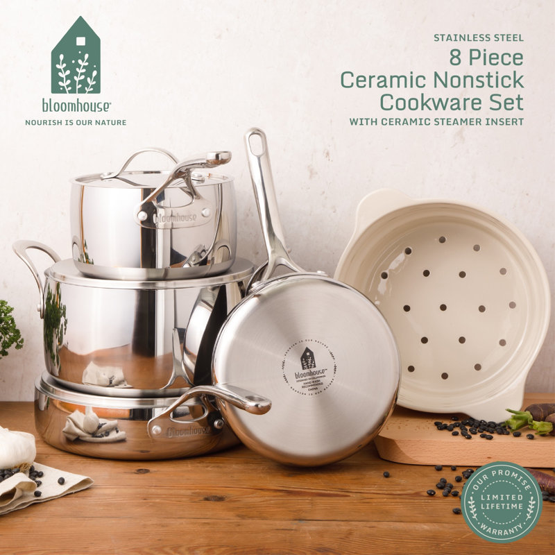 Bloomhouse 8 Piece Triply Stainless Steel Pots and Pans Cookware Set W/Non Toxic Pro Ceramic Non Stick Interior, Grey