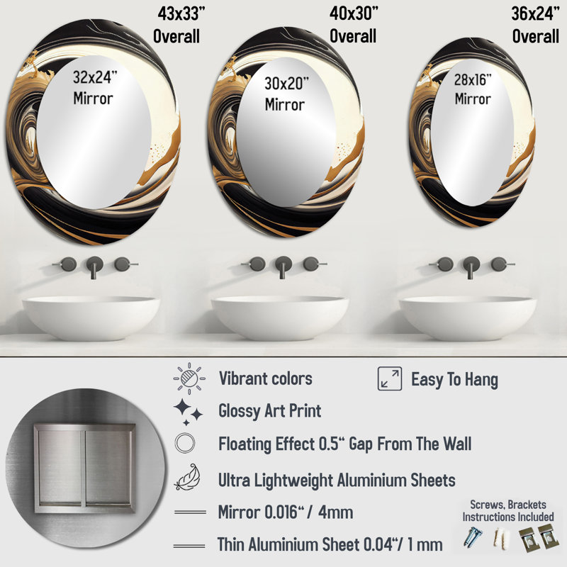 Black And Gold Swirl V - Black Oval Wall Mirror Decor, 36" x 24"