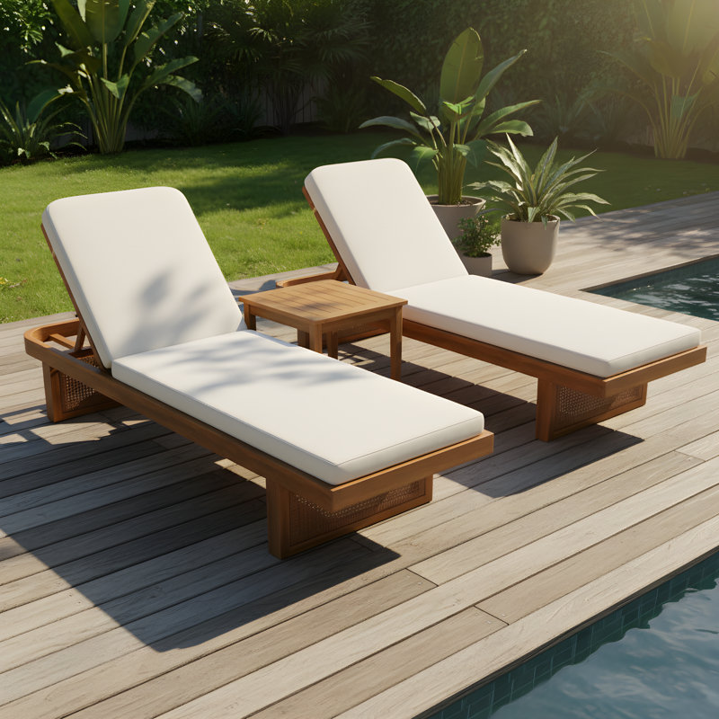 Ensemble de chaise longue et de table d'appoint en bois d'acacia 3 pièces avec dossier réglable et coussin Steven