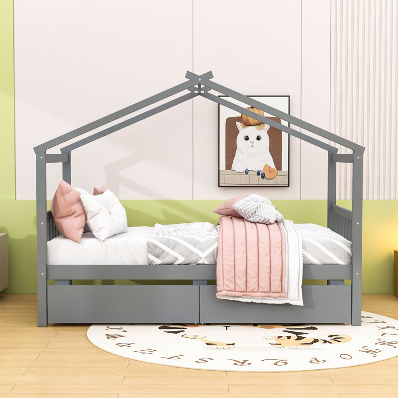 Lit simple en bois avec 2 tiroirs et garde-corps, Gris