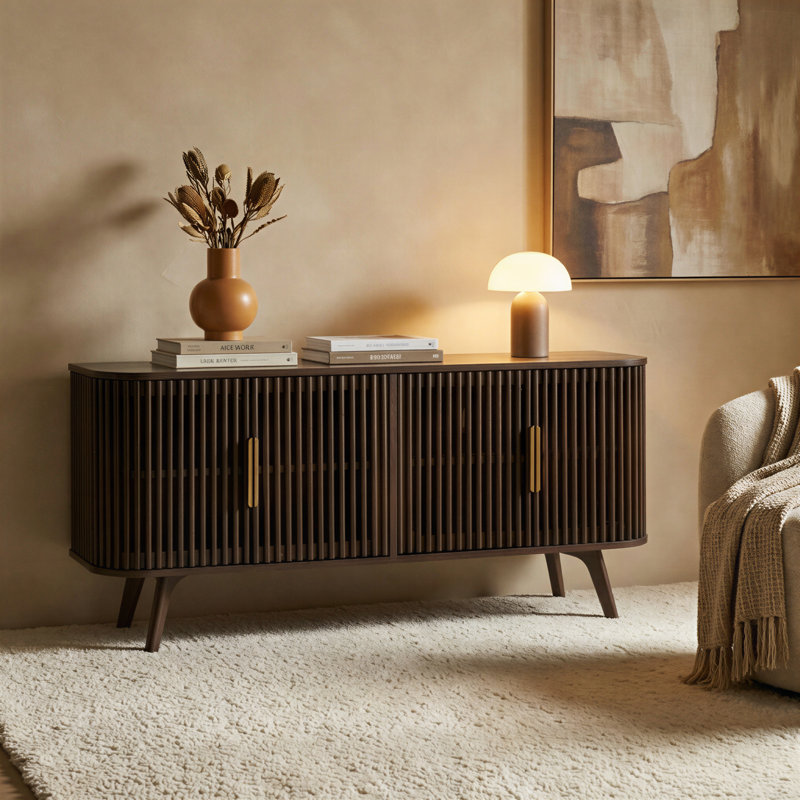 Klever 63" Sideboard Mid Century Modern Acacia Buffet Cabinet with Slatted Doors and Adjustable Shelves for Living Room