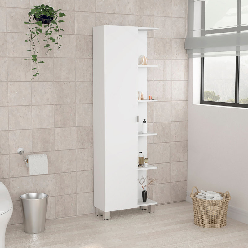 Armoire de coin en lin Urano, cinq tablettes extérieures, une porte, quatre tablettes intérieures - blanc
