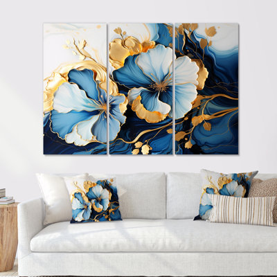 White Blue Flower Gold Leaves - Abstract Modern Waves Wall Art Set