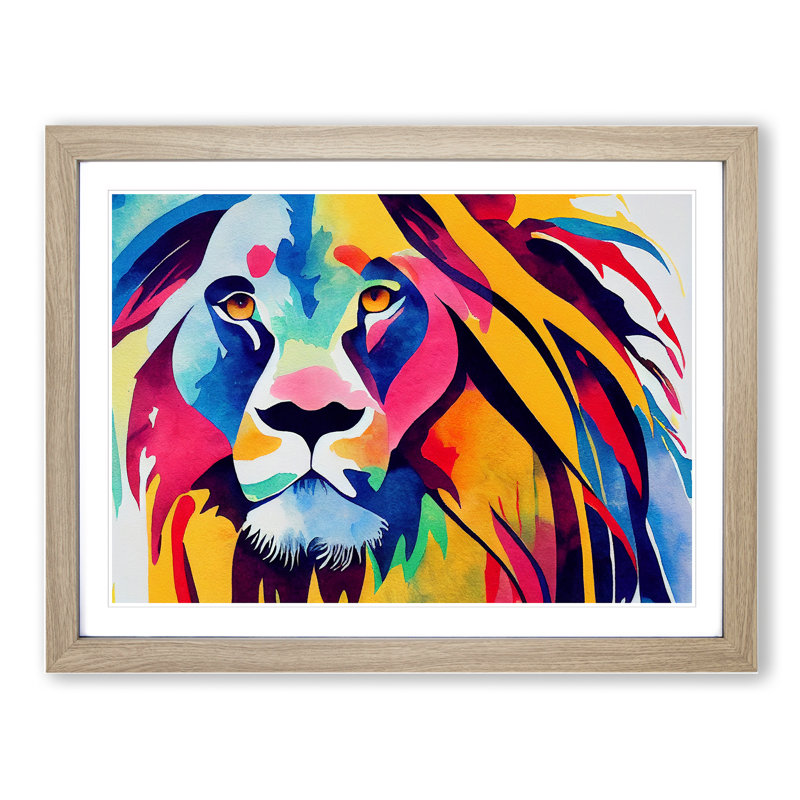 Colourful Lion Vol.5 Abstract - Print, 46cm H x 64cm W x 2cm D, Oak Framed