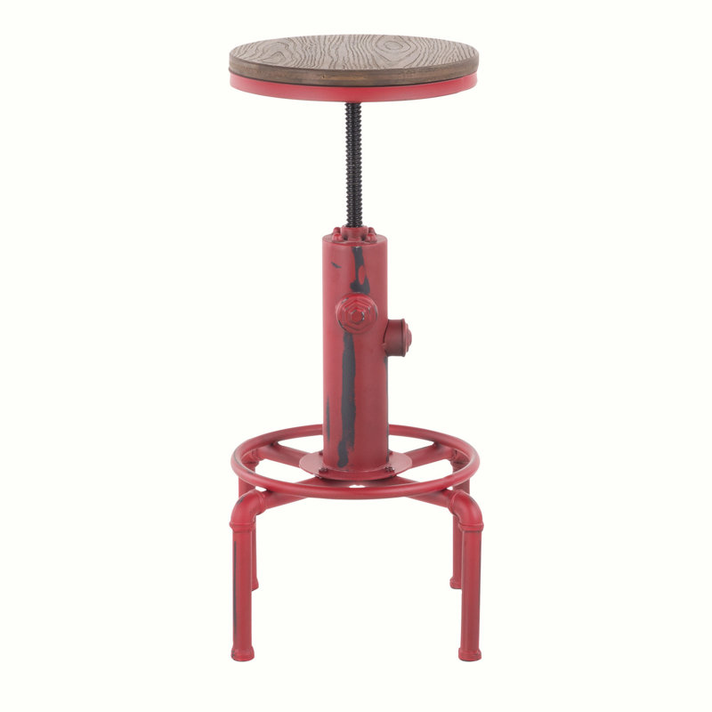 Tabouret de bar Zender Industrial en métal rouge rétro et bambou à grain de bois