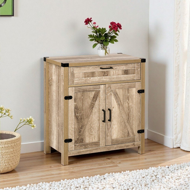 Farmhouse Sideboard Buffet Cabinet with Industrial Barn Door, Oak Wood Accent Storage, 30" Kitchen Cabinet with Drawer & Adjustable Shelf