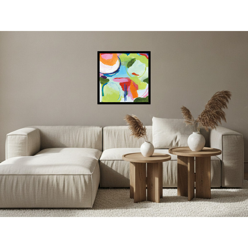 «Vibrant Abstract Shapes in Green and Orange», art mural sur toile encadrée, 36" H x 36" W, Black