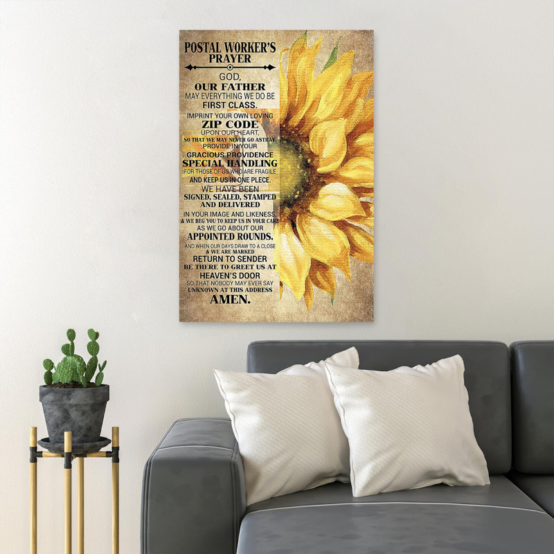 Tournesols et citations - Prière des postiers - Reproduction d'art graphique rectangulaire sur toile tendue 1 pièce