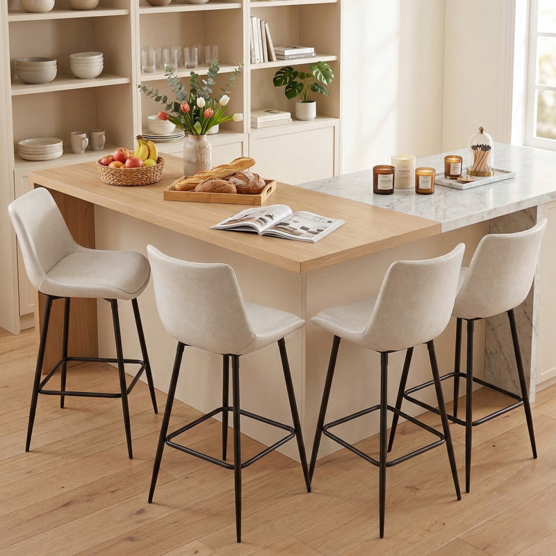 Pu Leather Upholstered Counter & Bar Stool Set Of 4 With Metal Legs, Beige