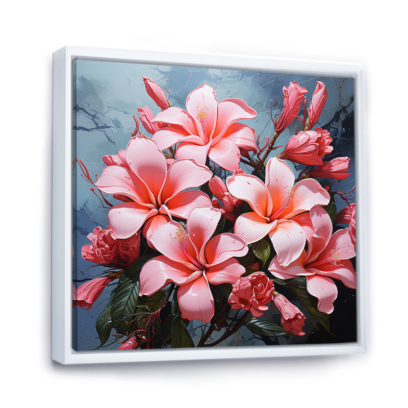 «Pink Fragrant Plumeria Serenade II», reproduction d'art sur toile, Cadre flottant blanc, H 30 po x l 30 po x P 1 po