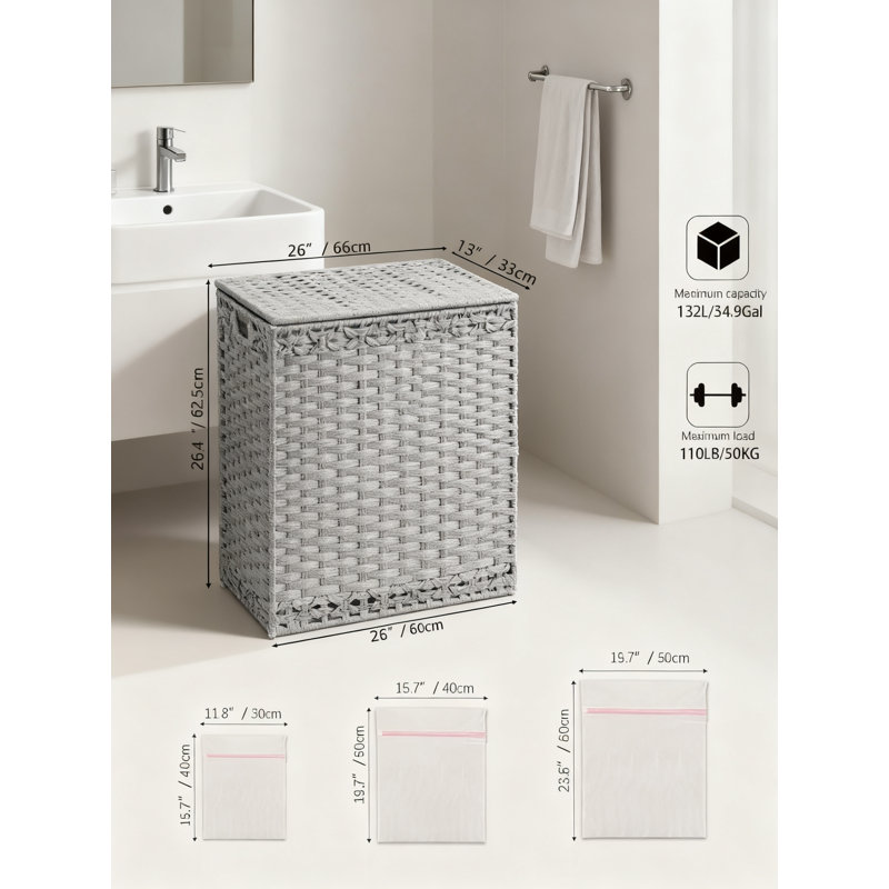 Large Laundry Hamper With Lid And Removable Liner Bags, Handwoven Rattan Storage Basket With Mesh Bags For Bedroom And Laundry Room Organization