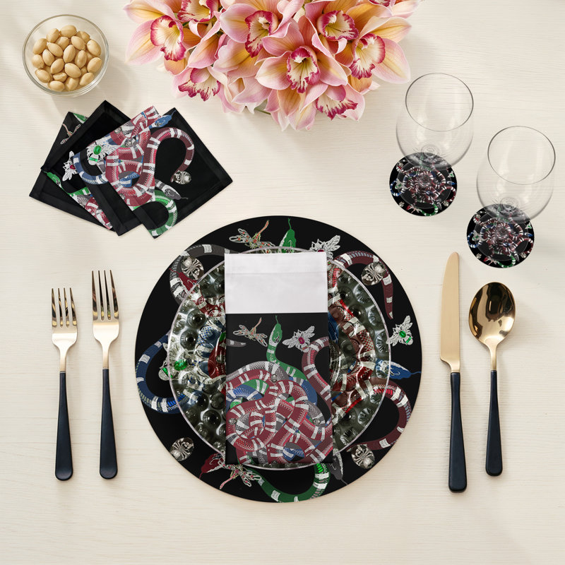 Ouroboros Vegan Leather Round Beaded Placemat, Black