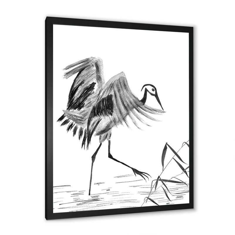 Grue japonaise japonaise, peinture sur toile encadrée, H 20 po x l 12 po x P 1po, Cadre noir