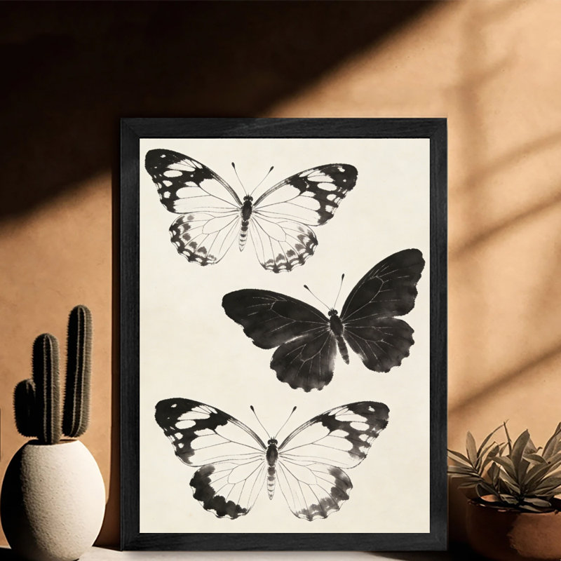 Art mural papillon noir, aquarelle encadrée de style rétro, H 11 po x l 9 po
