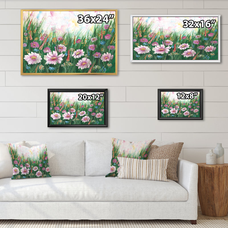 " Blooming Pink Flower Field ", 8" H x 12" W x 1" D, Black Floater Framed