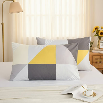 Cozaline Queen Size Pillowcases Set of 2, 100% Cotton Pillow Cases, Modern Geometric Yellow and Grey Print, Soft Breathable Envelope Closure Pillow Covers(Queen, 20"x30")