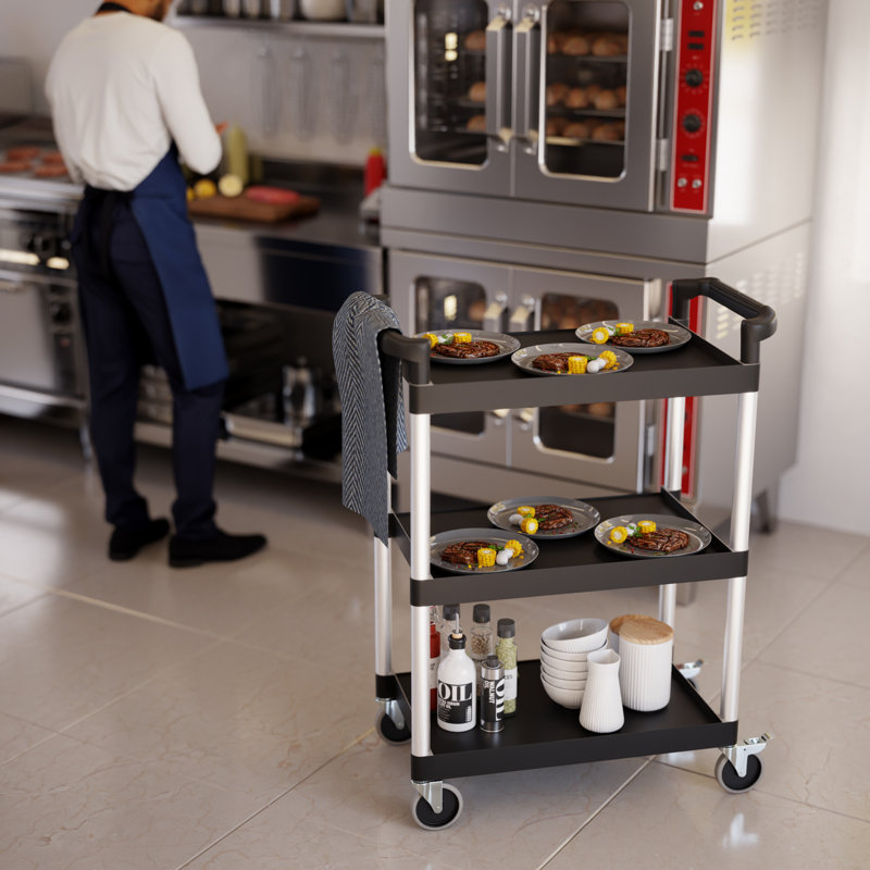 Amgood 32 In. × 16 In. Utility / Bussing Cart With Three Shelves. Heavy-duty Polypropylene, Black Shelves With Grey Posts, Commercial Service Cart With Wheels