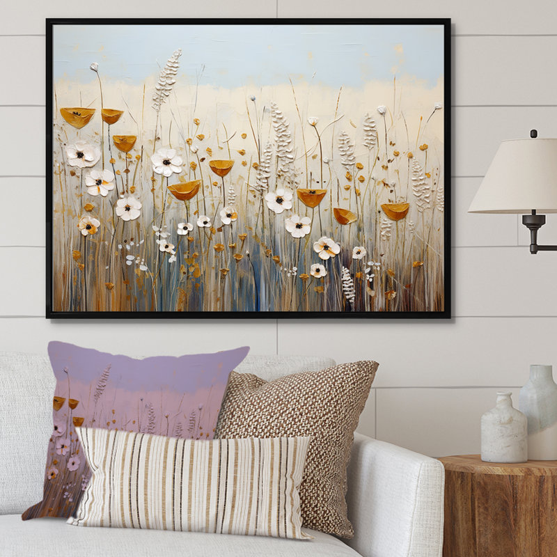Élégance florale beige - Fleurs murales, art mural, H 30 po x l 40 po x P 1,5 po, Cadre flottant noir