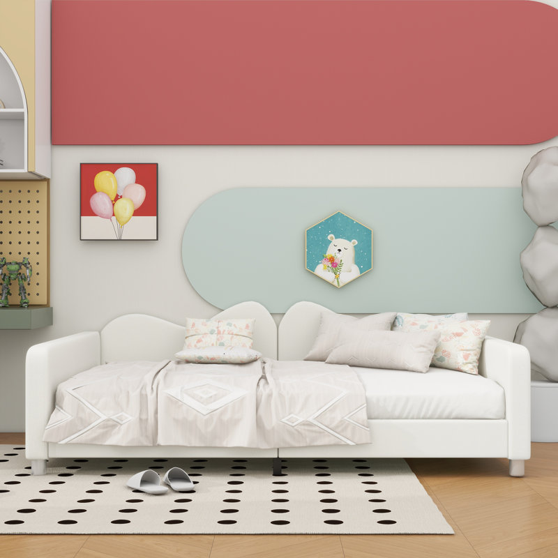 Full Size Upholstered Daybed, Sherpa Fabric Sofabed With Cloud-Shaped Backrest, No Box-Spring Needed, White, White