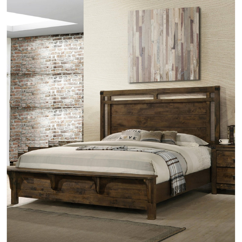 Lit à panneaux robuste et grand, finition brun rustique, chambre à coucher en bois massif industriel avec rails intégrés