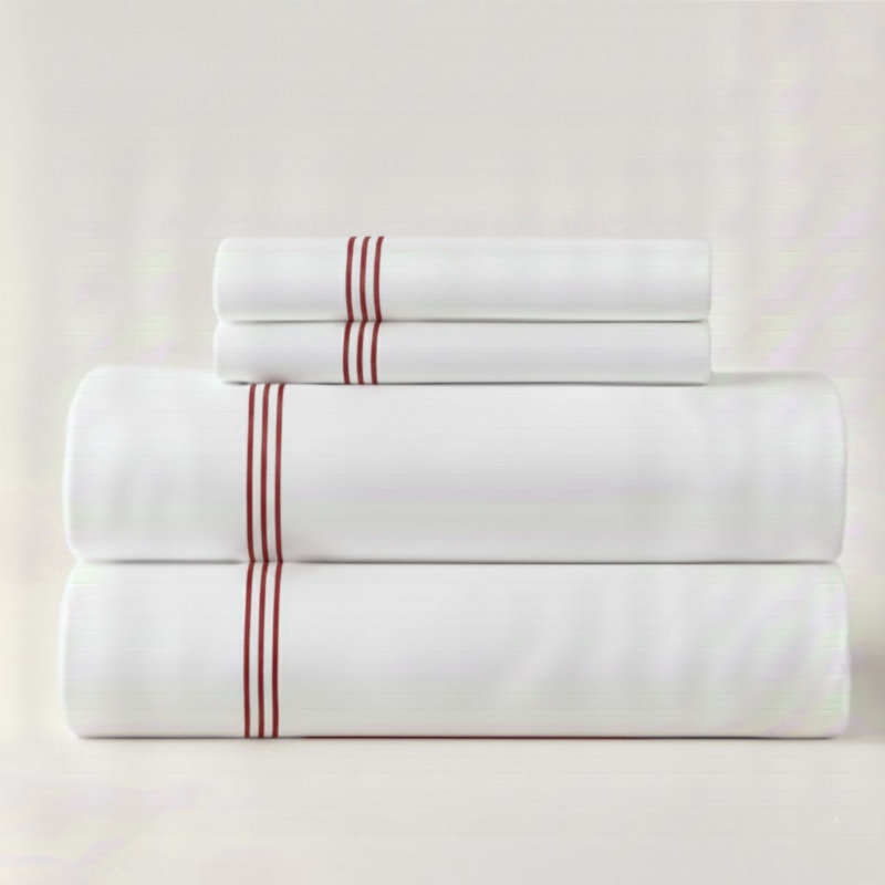 500TC Cotton Triple Embroidery Sateen Solid Cotton 4 Piece Sheet Set Fitted Sheet Fits Upto 16" Deep Pocket, Burgundy Border