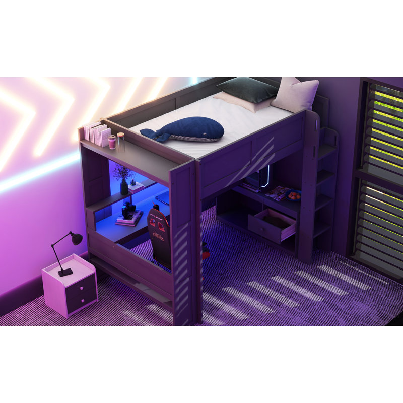 Lit mezzanine pleine grandeur gris foncé avec bureau de travail en bois, plusieurs espaces de rangement, conduit, espaces de jeu à douille de charge, port
