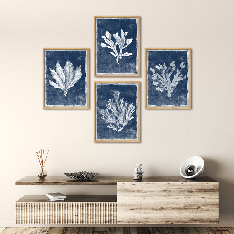Ensemble 4 pièces d'art mural botanique d'algues côtières - impressions encadrées bleu indigo pour décoration de maison de plage ou de salle de bain