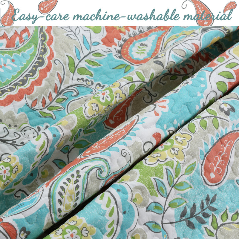 Queen Size Blue Cotton Reversible Paisley Quilt Set