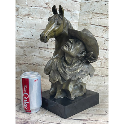 Thailan Western Art Old West Cowboy With Horse Bronze Bust Sculpture Marble Statue Decor