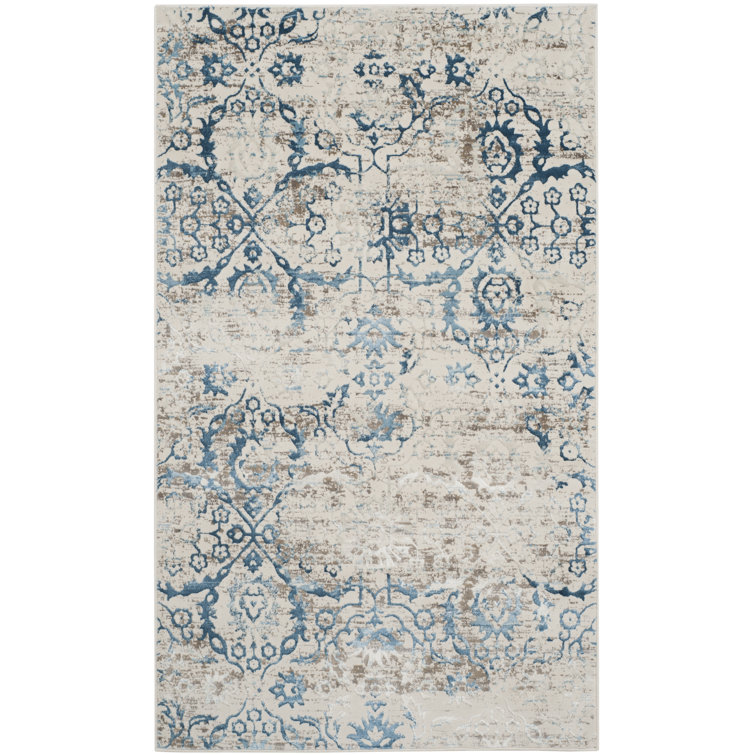 Florence-Graham Pp Viscose Cotton Weft + Warp Latex Floral Rug in Blue/Creme