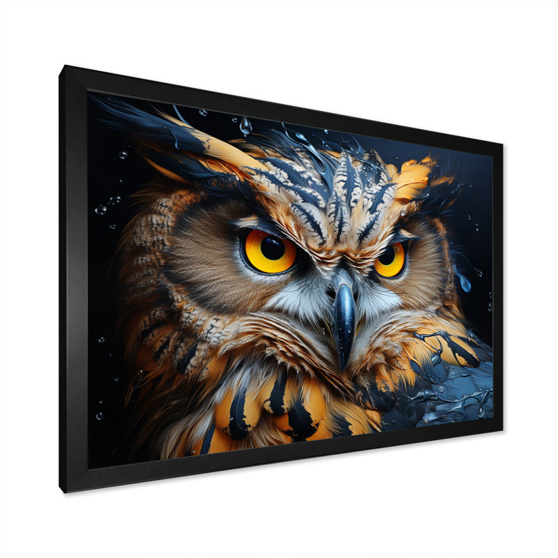 Hibou jaune hypnotisant III, H 16 po x l 32 po x P 1 po, Cadre photo noir