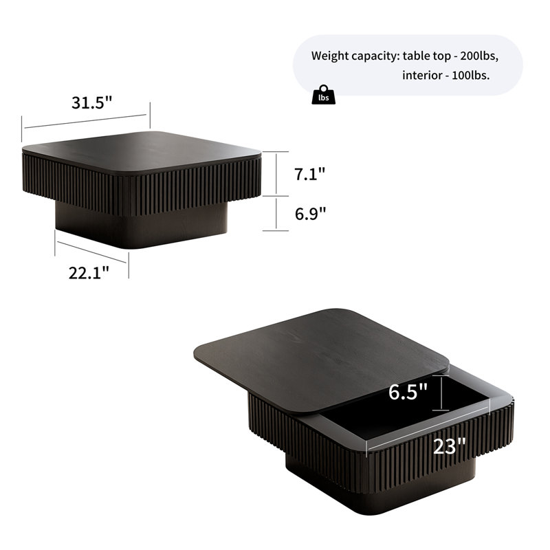 Table basse 31,5 po carrée avec rangement, Noir