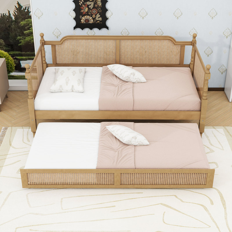 Daybed with Sturdy Wood Construction and Under Bed Trundle, Twin, Antique Walnut