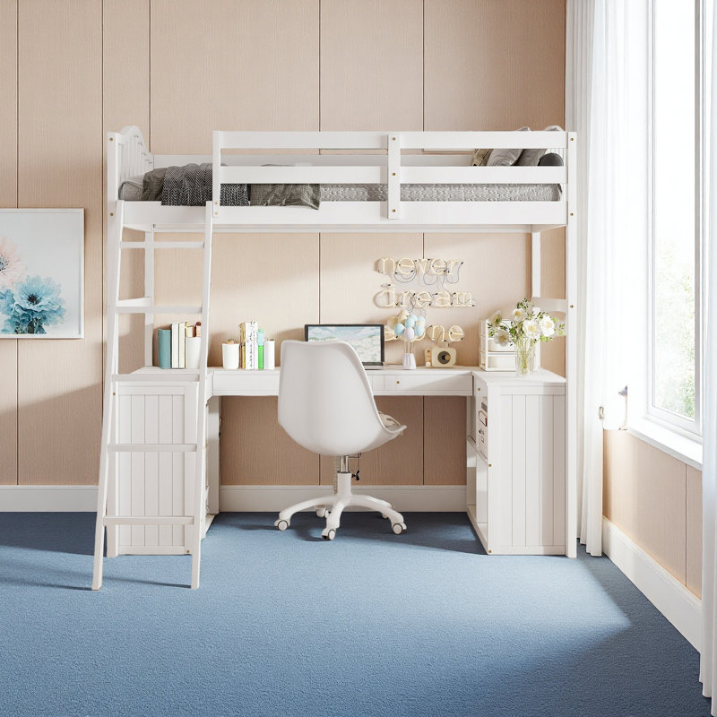 Lit mezzanine simple avec tiroirs, armoire, tablettes et bureau, lit mezzanine en bois avec bureau - blanc