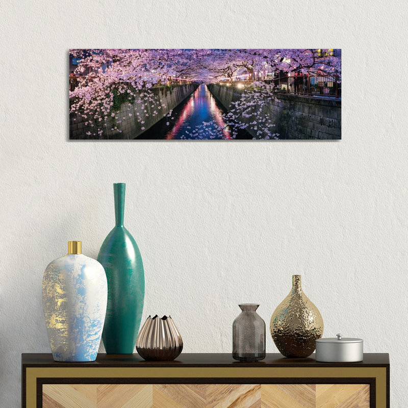 Panoramic View Of A Canal At The Nakameguro Cherry Blossom Festival In Tokyo by Jan Becke - Wrapped Canvas Panoramic Print