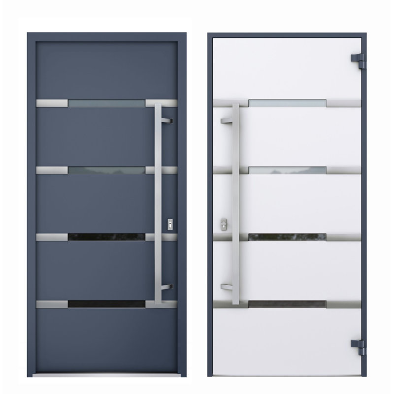 Porte avant en acier pré-suspendue à l'avant / deux graphites gris 1105/2 fenêtres extérieures latérales et supérieures / inserts en acier inoxydable peints simples modernes - l 12 + 36 + 12 po x H 80 + 16 po - Gauche
