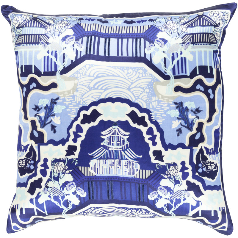 Geisha Silk Floral Throw Pillow Cover, 22" H x 22" W x 0.25" D, Blue