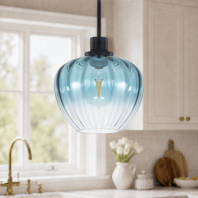 Alejo 9.05'' 1-Light Apple-Shaped Gradient Blue Ribbed Glass Pendant Light for Kitchen Island