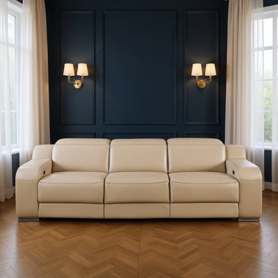 103" Beige Italian Leather Reclining USB Sofa