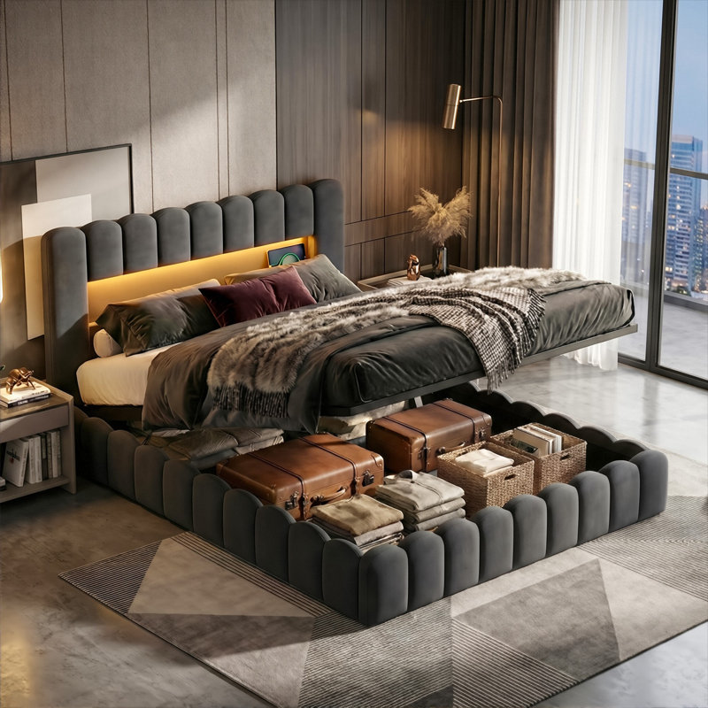 Smart LED Ottoman Bed With Charging Station (USB/Type-C) & Headboard Storage, 140X200cm European Double / 160X200cm King, Grey Bubble Cloud Upholstered Frame