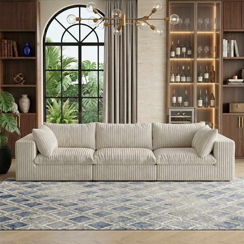 118" Corduroy Modular Sectional Boneless Sofa Couch, Oversized 3-Seater Cloud Couches with Removable Cushion & Ottoman, No Assembly Required, Free Combination, Cozy Deep Seat Compression Couches for Living Room, Apartment