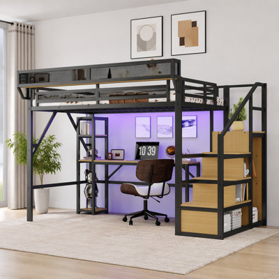 Lit mezzanine double avec bureau et tablettes de présentation, lit mezzanine en métal avec escalier, garde-robe, station de charge et éclairage DEL pour enfants adolescents, noir, produits brevetés