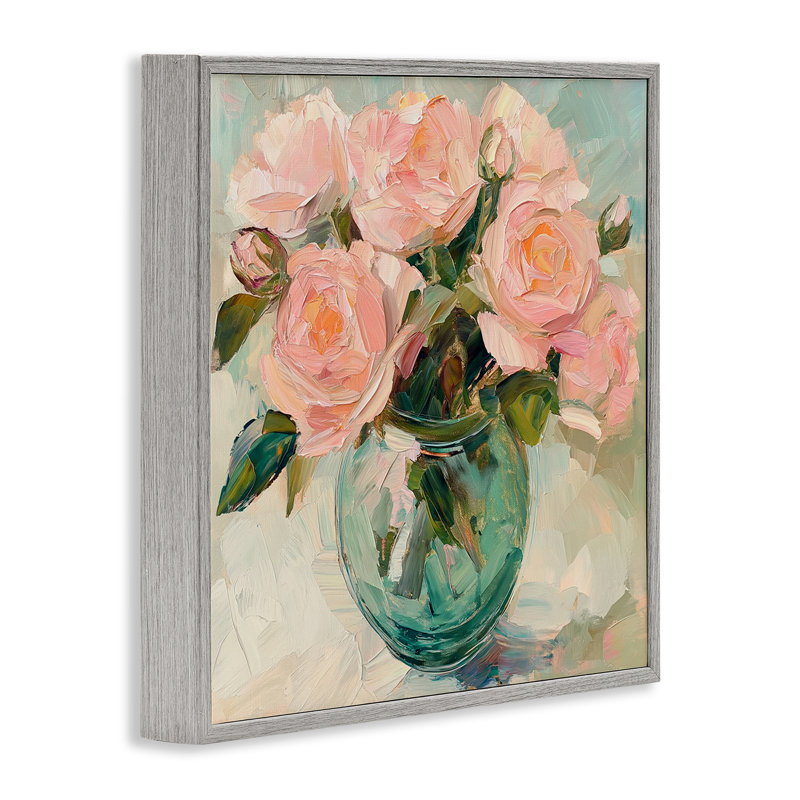 Roses dans un vase vert, estampe numérique, conception de Gina Kelly, H 17 po x l 17 po, Estampe numérique Farmhouse