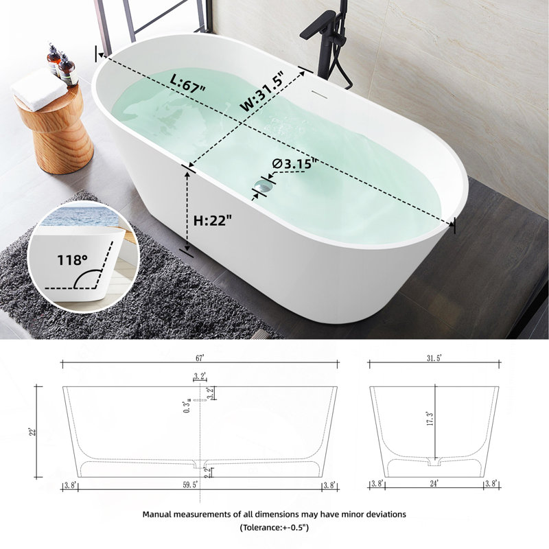 67" Premium Solid Surface Deep Soaking Bathtub